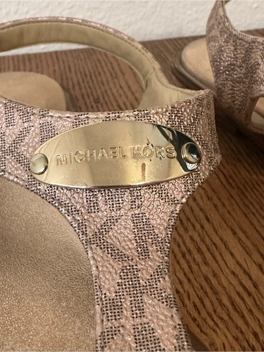 Michael Kors Metallic Rose Gold MK Logo T-Strap Sandal